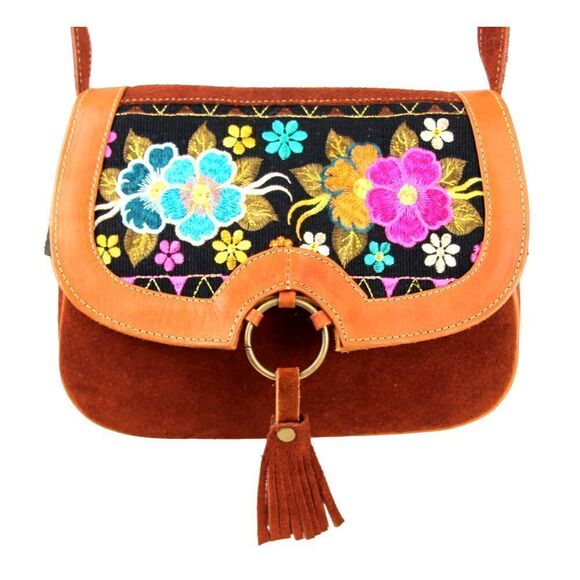 HANDCRAFTED BROWN GENUINE LEATHER SUEDE EMBROIDERY FLAP XBODY PURSE SHOULDER BAG - Picture 1 of 16